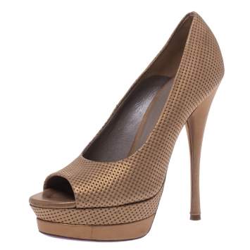Pre Owned Versace Gold Lame Fabric Peep Toe Platform Pumps Size 38