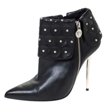 Pre Owned Versace Black Quilted Leather Fold Studded Pointed Toe Ankle Boots Size 41