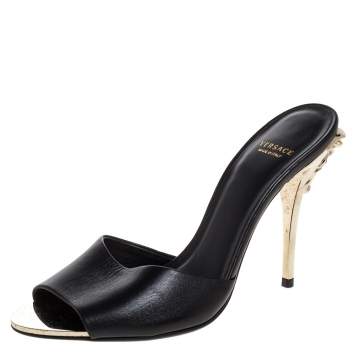 Pre Owned Versace Black Leather Medusa Heel Slide Sandals Size 37
