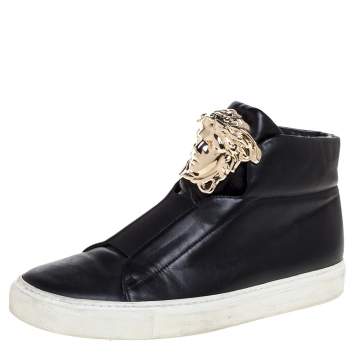 Pre Owned Versace Black Leather Palazzo Medusa High Top Sneakers Size 37