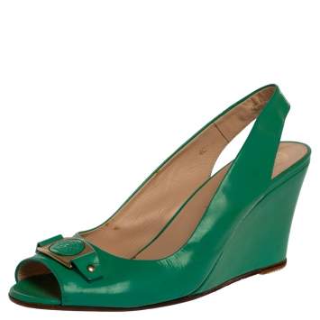 Pre Owned Versace Green Patent Leather Medusa Logo Open Toe Wedge Slingback Sandals Size 40