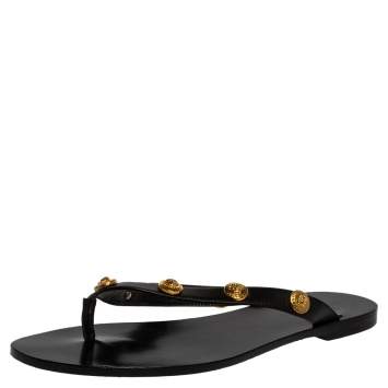 Pre Owned Versace Black Leather Medusa Detail Thong Flats Slides Size 36
