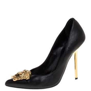 Pre Owned Versace Black Leather Medusa Pointed Toe Pumps Size 37.5