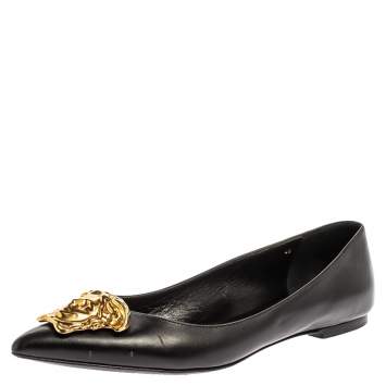 Pre Owned Versace Black Leather Medusa Ballet Flats Size 40