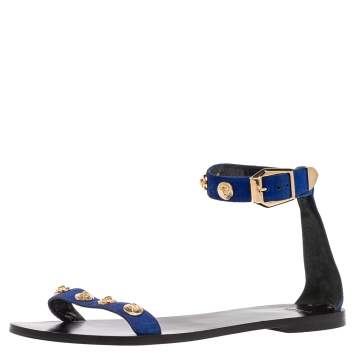 Pre Owned Versace Blue/Black Suede Medusa Stud Ankle Strap Flat Sandals Size 39