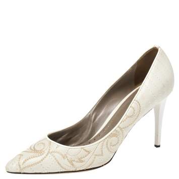 Pre Owned Versace White Embroidered Quilted Leather Pointed Toe Pumps Size 39