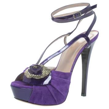 Pre Owned Versace Purple Suede And Patent Leather Floral Metal Mesh Platform Sandals Size 39
