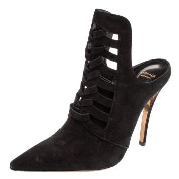 Pre Owned Versace Black Suede Cutout Pointed Toe Mules Size 38