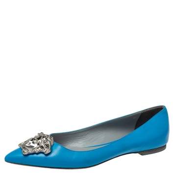 Pre Owned Versace Blue Leather Medusa Pointed Toe Ballet Flats Size 41