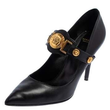 Pre Owned Versace Black Leather Medusa Embellished Mary Jane Pumps Size 40