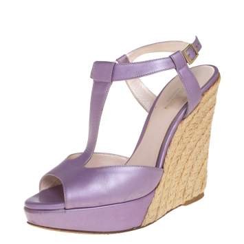 Pre Owned Versace Metallic Purple Leather Wedge Sandals Size 37