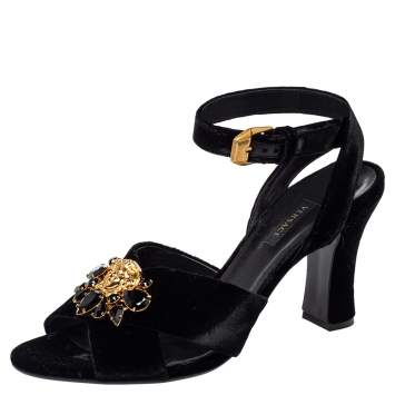 Pre Owned Versace Black Velvet Medusa Embellished Criss Criss Ankle Strap Sandals Size 39.5