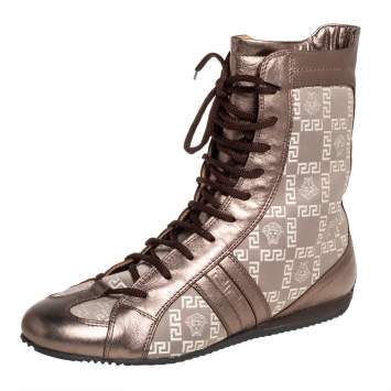 Pre Owned Versace Metallic Bronze Leather And Monogram Fabric High Top Sneakers Size 39