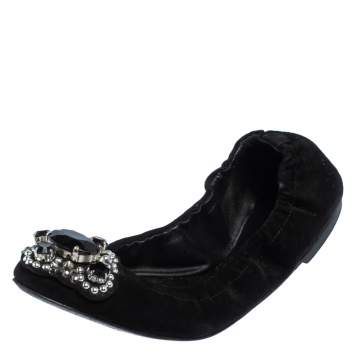 Pre Owned Versace Black Suede Embellished Scrunch Ballet Flats Size 36