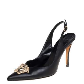 Pre Owned Versace Black Leather Palazzo Medusa Slingback Pumps Size 37.5