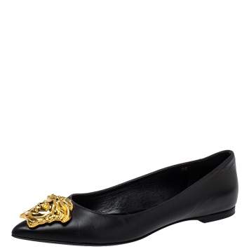 Pre Owned Versace Black Leather Medusa Pointed Toe Ballet Flats Size 38