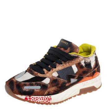 Pre Owned Versace Multicolor Animal Print Fur And Leather Sneakers Size 36