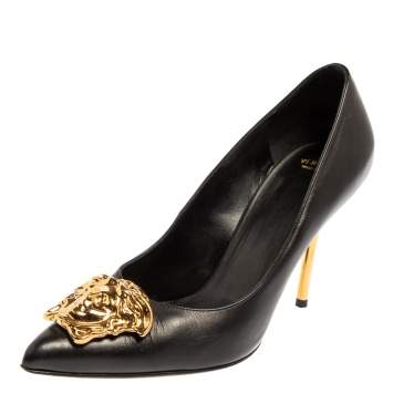 Pre Owned Versace Black Leather Medusa Embellished Pointed Toe Pumps Size 36