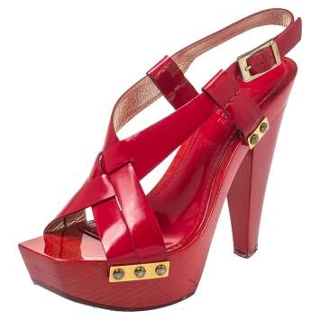 Pre Owned Versace Red Patent Leather Platform Sandals Size 35