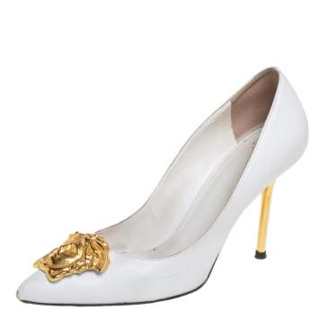 Pre Owned Versace White Leather Palazzo Pointed Toe Pumps Size 36