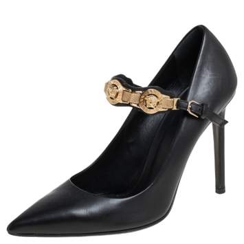 Pre Owned Versace Black Leather Medusa Embellished Mary Jane Pumps Size 37