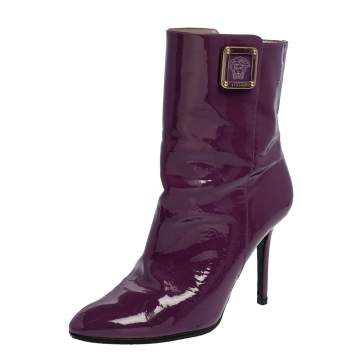Pre Owned Versace Purple Patent Leather Medusa Ankle Boots Size 38.5