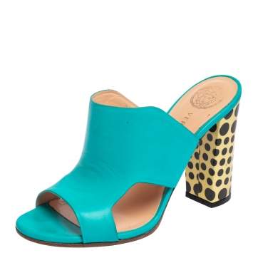 Pre Owned Versace Turquoise Leather Open Toe Mule Sandals Size 38
