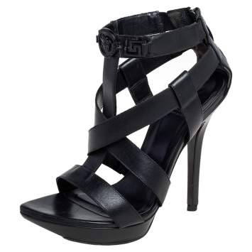 Pre Owned Versace Black Leather T Strappy  Platform Sandals Size 37.5