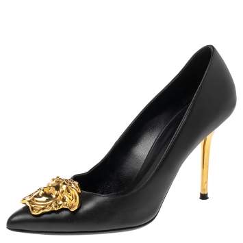 Pre Owned Versace Black Leather Medusa Pointed Toe Pumps Size 37.5