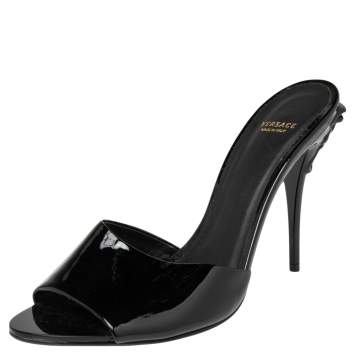 Pre Owned Versace Black Patent Leather Medusa Heel Slide Sandals Size 40 