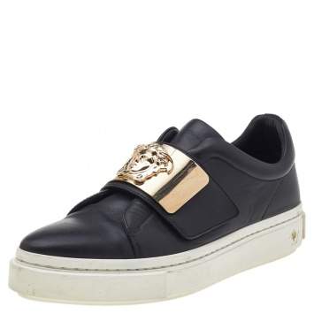 Pre Owned Versace Black Leather Medusa Embellished Velcro Strap Low Top Sneakers Size 37