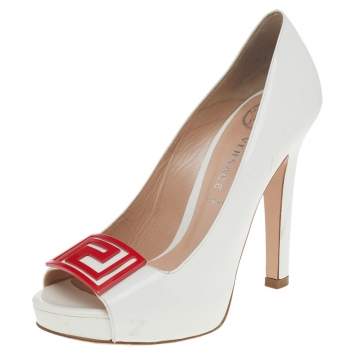 مملوكة مسبقًا Versace White Patent Leather Embellished Peep Toe Pumps Size 37
