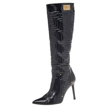 Pre Owned Versace Black Patent Quilted Leather Pointed Toe Knee Length Boots Size 39