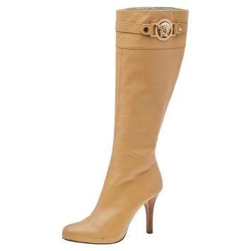 Pre Owned Versace Beige Leather Medusa Knee Length Boots Size 38
