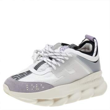 Pre Owned Versace White/Purple Suede And Leather Chain Reaction Sneakers Size 39.5