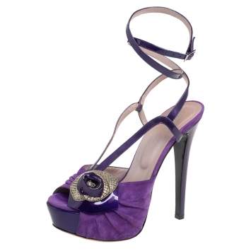 Pre Owned Versace Purple Suede And Patent Leather Platform  Ankle Strap Sandals Size 36
