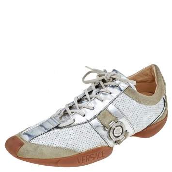 Pre Owned Versace Multicolor Leather And Suede Logo Detail Low Top Sneakers Size 36