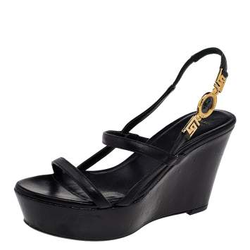 مملوكة مسبقًا Versace Black Leather Wedge Sandals Size 36