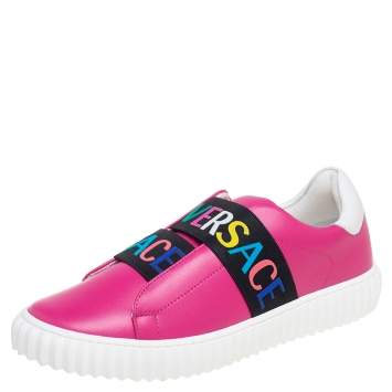Pre Owned Versace Pink Leather Slip-On Sneakers Size 36
