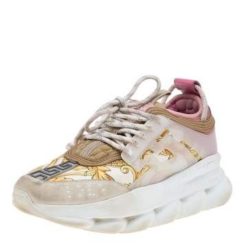 Pre Owned Versace Multicolor Barocco Print Nylon and Leather Chain Reaction Sneakers Size 40.5