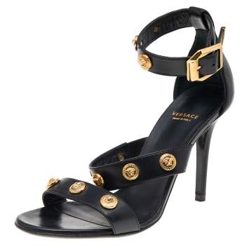 Pre Owned Versace Black Leather Medusa Ankle Strap Sandals Size 36