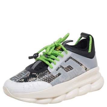 Pre Owned Versace Multicolor Snakeskin Embossed Leather, Rubber and Leather Chain Reaction Sneakers Size 39