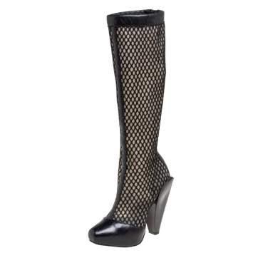 Pre Owned Versace Black Leather And Mesh Pointed Toe Knee Length Boots Size 36