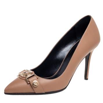 Pre Owned Versace Brown Leather Medusa Detail Buckle Strap Pointed-Toe Pumps Size 39