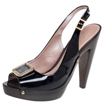 Pre Owned Versace Black Patent Leather Medusa Head Buckle Peep-Toe Slingback Sandals Size 37.5