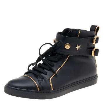 Pre Owned Versace Black Leather Buckle Medusa High Top Sneakers Size 37