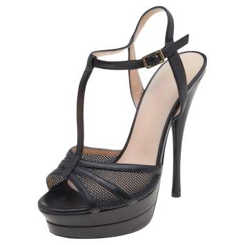 Pre Owned Versace Black Leather T-Strap Platform Sandals Size 37