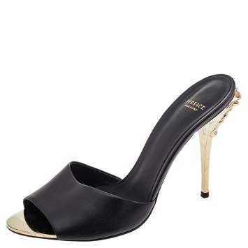 Pre Owned Versace Black Leather Medusa Heel Slide Sandals Size 40