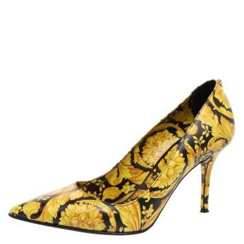 Pre Owned Versace Yellow/Black Barocco Print Leather Pointed-Toe Pumps Size 38