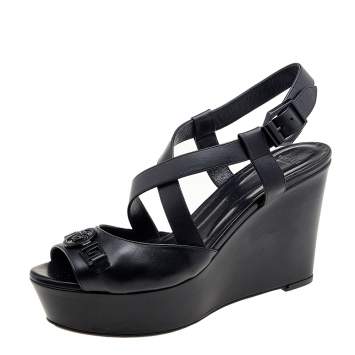 مملوكة مسبقًا Versace Black Leather Wedge Criss Cross Platform Sandals Size 39